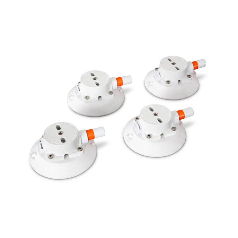 Set of four white suction feet for flat mount, vacuum mount system by Star Mount Systems, showing smooth, circular suction cups.