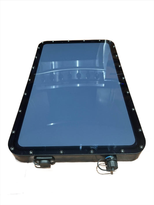 Black Star Mount Systems all-in-one 12V flat mount for Gen 2 Starlink, shown with clear lid and mounting hardware.