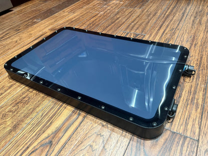 Black Star Mount Systems all-in-one 12V flat mount for Gen 2 Starlink, shown with clear lid and mounting hardware.