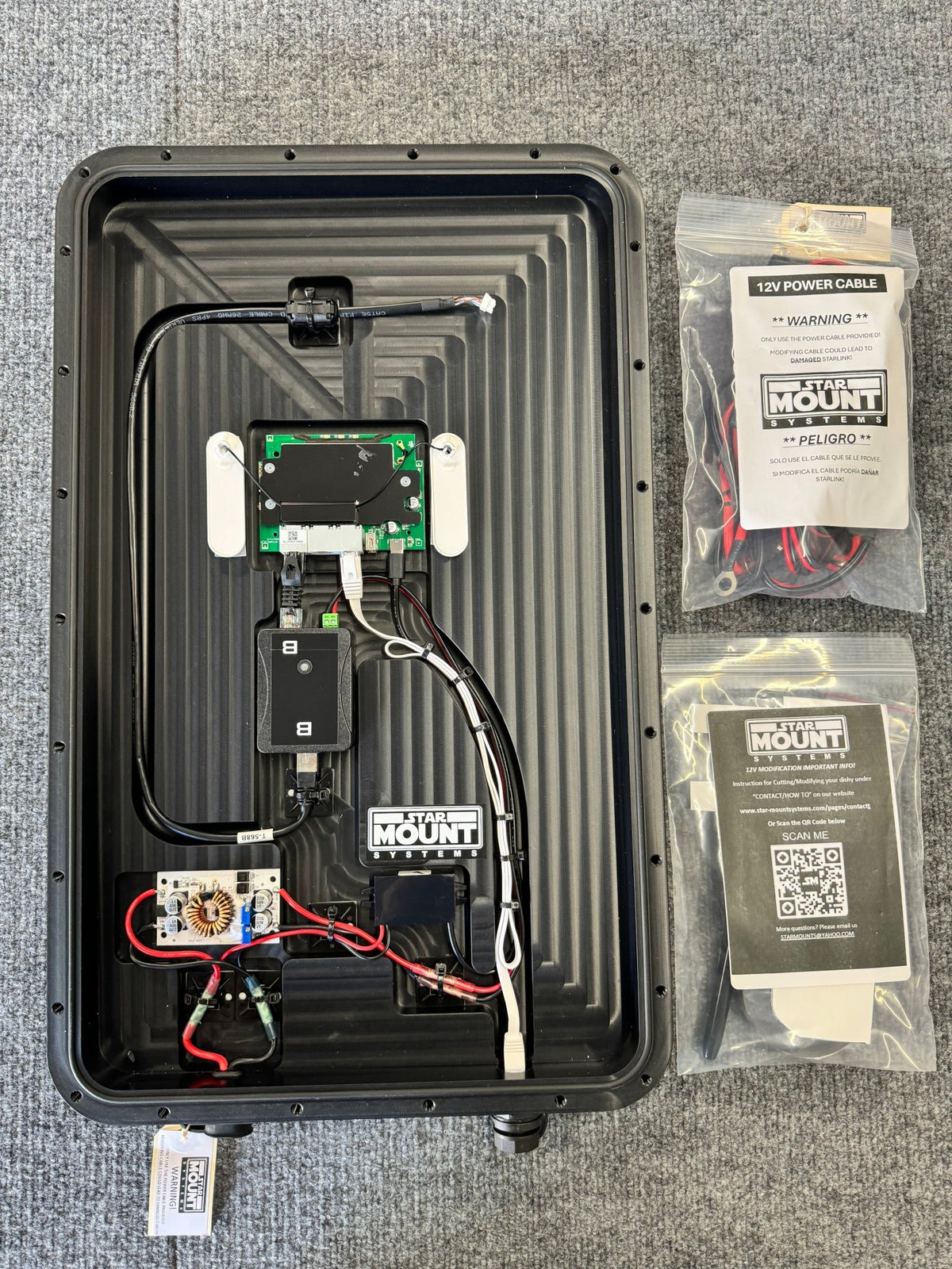 Black Star Mount Systems all-in-one 12v flat mount for Gen 2 Starlink, designed for secure outdoor installation.