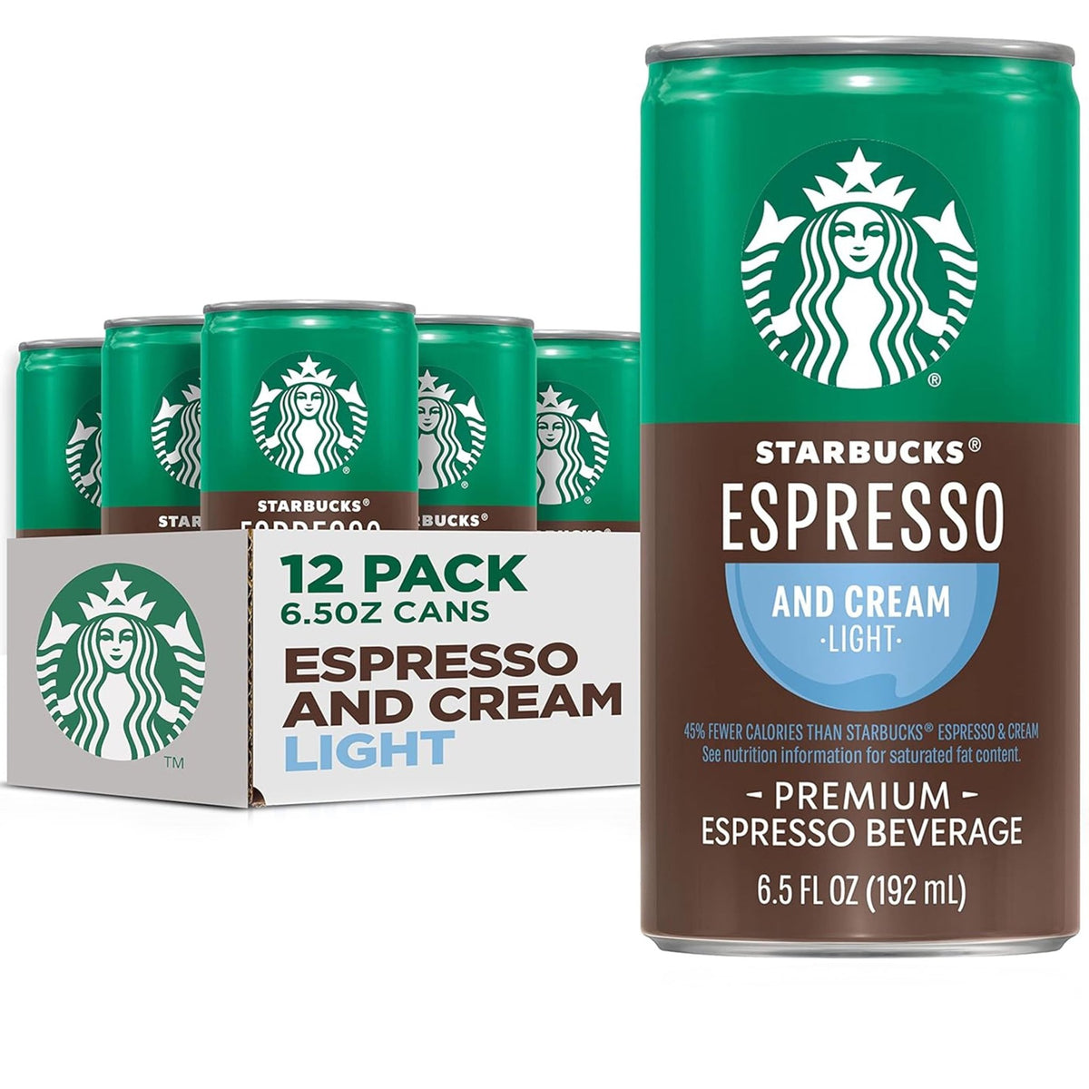 Six packs of Starbucks Doubleshot Espresso & Cream light coffee drinks in 6.5 fl oz cans, showing the beverage and packaging.