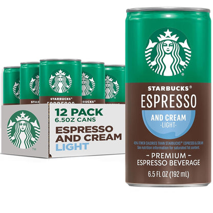 Six packs of Starbucks Doubleshot Espresso & Cream light coffee drinks in 6.5 fl oz cans, showing the beverage and packaging.