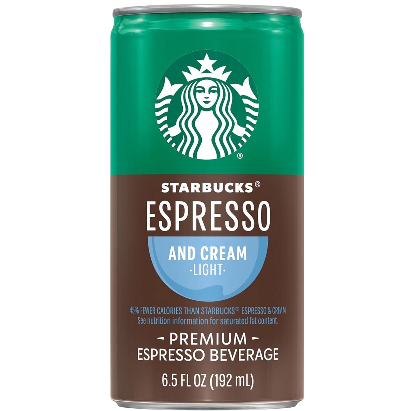 Six cans of Starbucks Doubleshot Espresso & Cream light coffee drink, 6.5 fl oz each, in a 12-pack, with the cans showing the Starbucks logo.