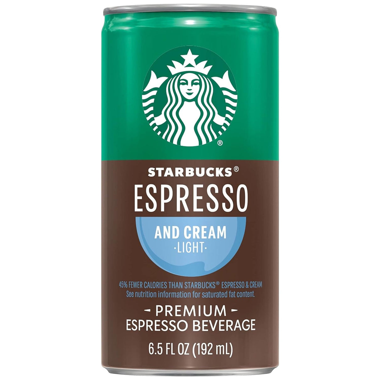 Six cans of Starbucks Doubleshot Espresso & Cream light coffee drink, 6.5 fl oz each, in a 12-pack, with the cans showing the Starbucks logo.