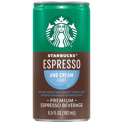 Six cans of Starbucks Doubleshot Espresso & Cream light coffee drink, 6.5 fl oz each, in a 12-pack, with the cans showing the Starbucks logo.