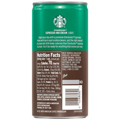 Six-pack of Starbucks Doubleshot Espresso & Cream light coffee drinks in 6.5 fl oz cans, featuring the Starbucks branding and label design