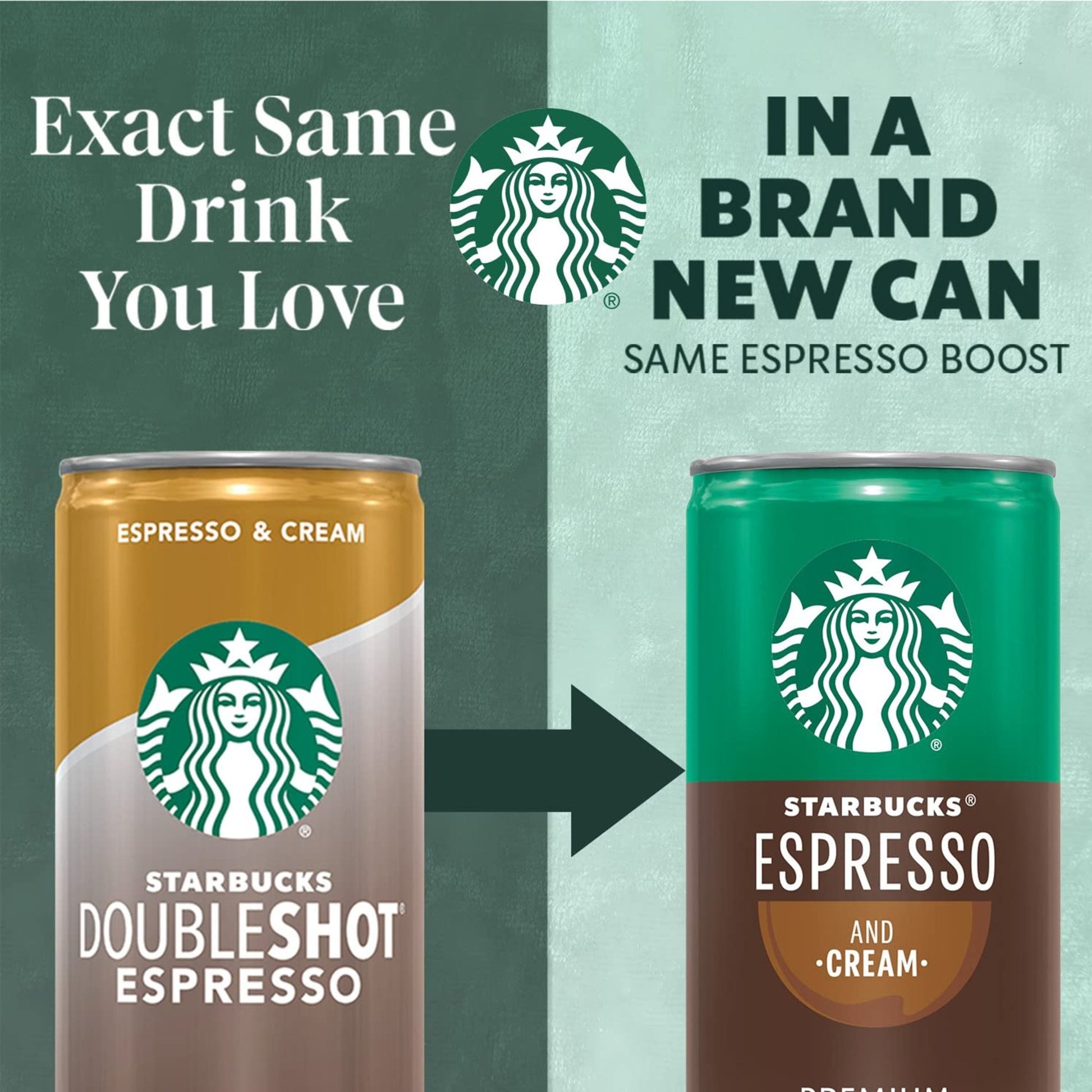 Six-pack of Starbucks Doubleshot Espresso & Cream light coffee drinks in 6.5 fl oz cans, featuring coffee with cream.
