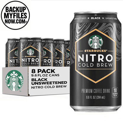 Eight cans of Starbucks Nitro Cold Brew Vanilla Iced Coffee Drink, 9.6 fl oz each, featuring creamy vanilla flavor in sleek cans.