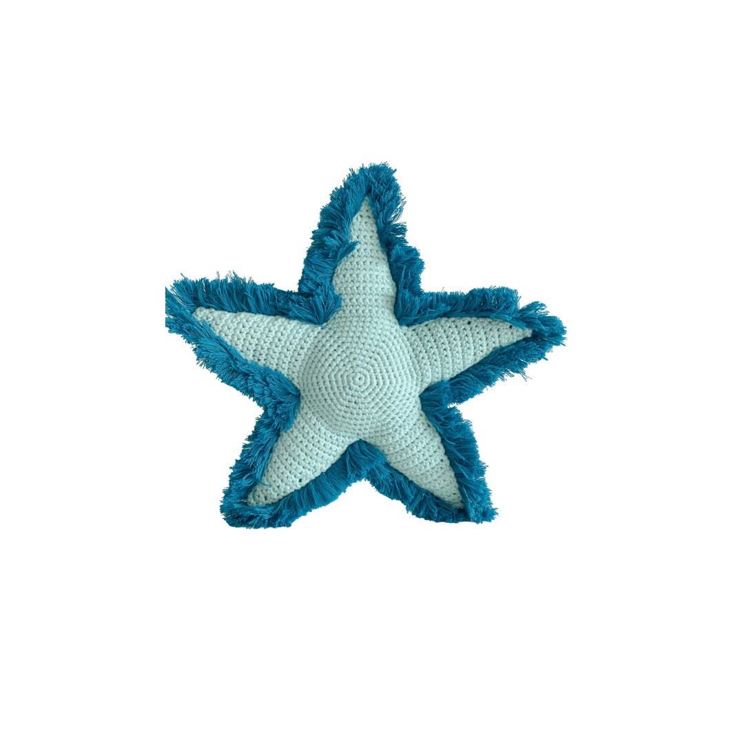 Handmade organic cotton starfish stuffed animal in lagoon blue, designed for children, by Bebemoss.