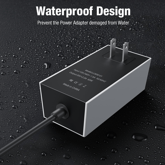Starlink Mini AC Power Supply 60W Tesery official AC to DC adapter connected to a power outlet and electronic device.
