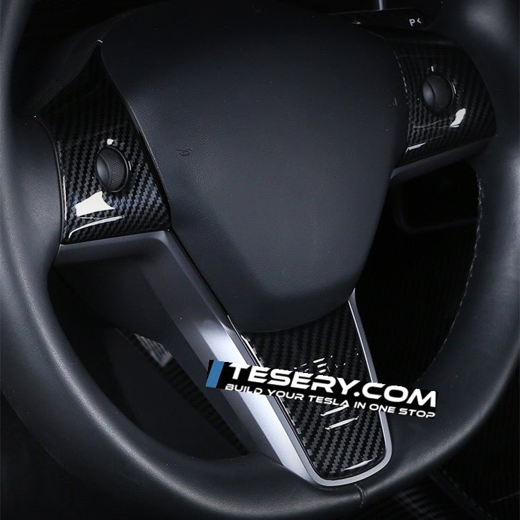 Tesla Model 3 and Y steering wheel cover patch by Tesery, showcasing a sleek, textured steering wheel accessory for 2017-2025 vehicles.