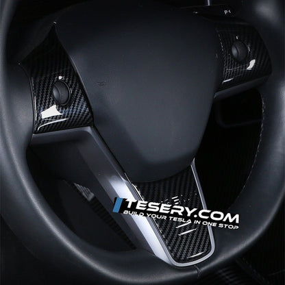 Tesla Model 3 and Y steering wheel cover patch by Tesery, showcasing a sleek, textured steering wheel accessory for 2017-2025 vehicles.