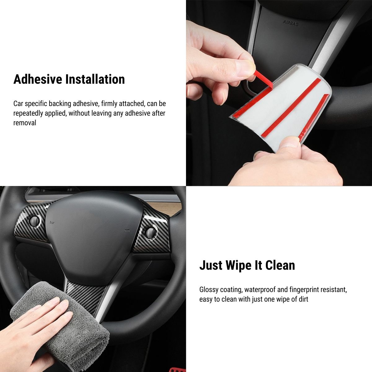 Tesla Model 3 and Y steering wheel cover patch, Tesery Official, showing textured material on a car steering wheel.