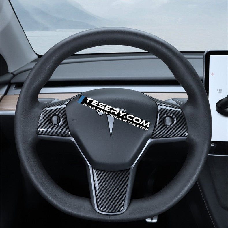Tesla Model 3 and Y steering wheel cover patch, black and textured, designed for 2017-2025 models, by Tesery Official Store.