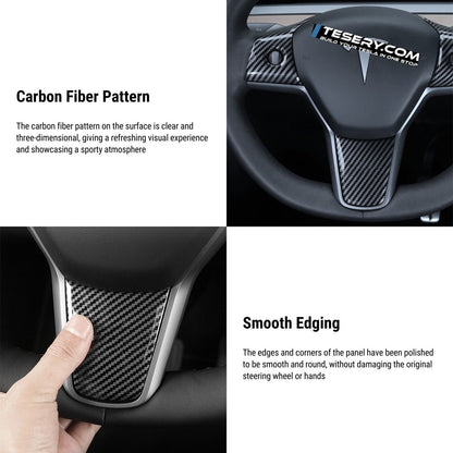 Tesla Model 3 and Y steering wheel cover patch by Tesery, showing a close-up of the textured black steering wheel attachment.