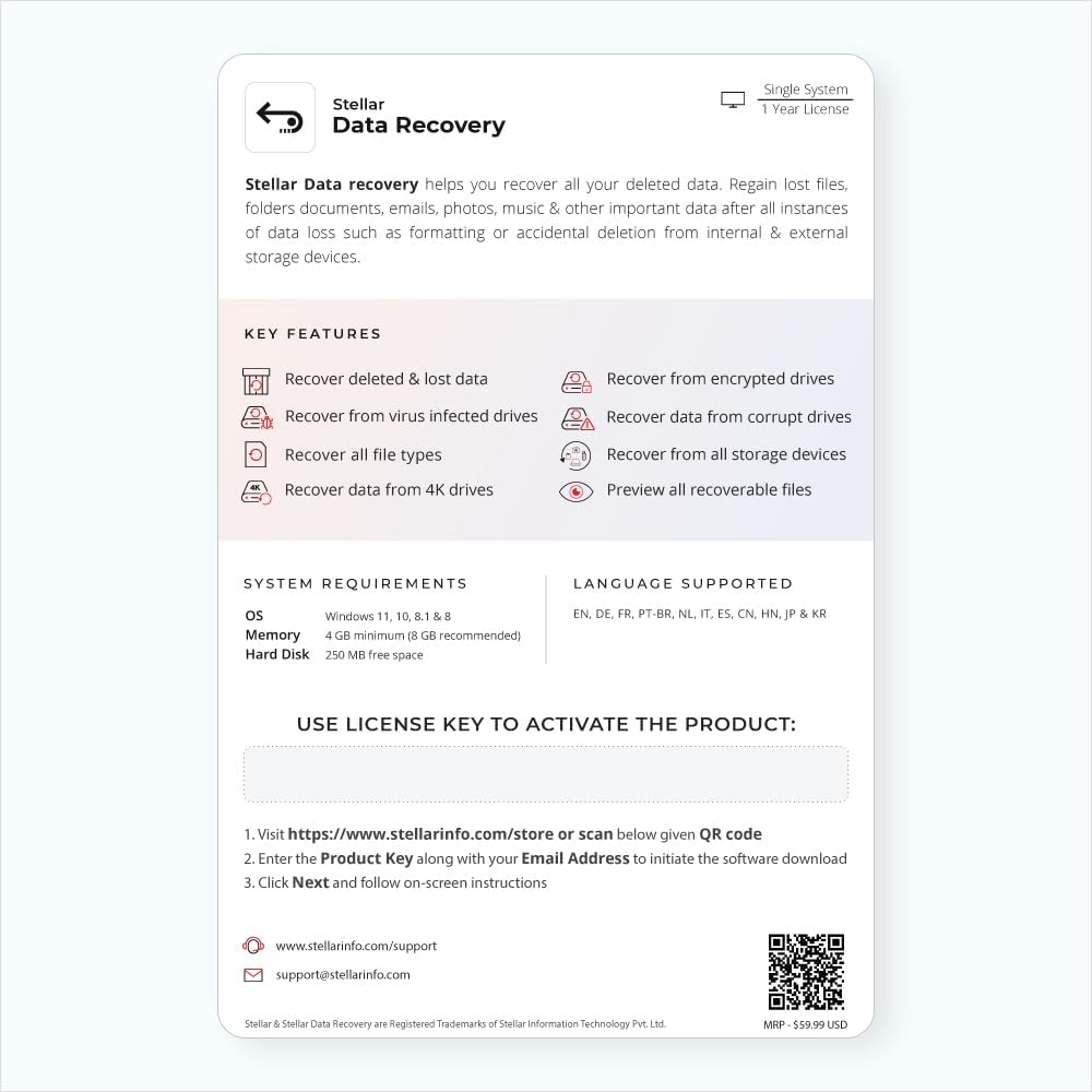 Stellar Data Recovery for Windows Software | Bringing Lost Data Back to Life | 1 PC 1 Year Subscription | Keycard Delivery - BACKUPMYFILESNOW