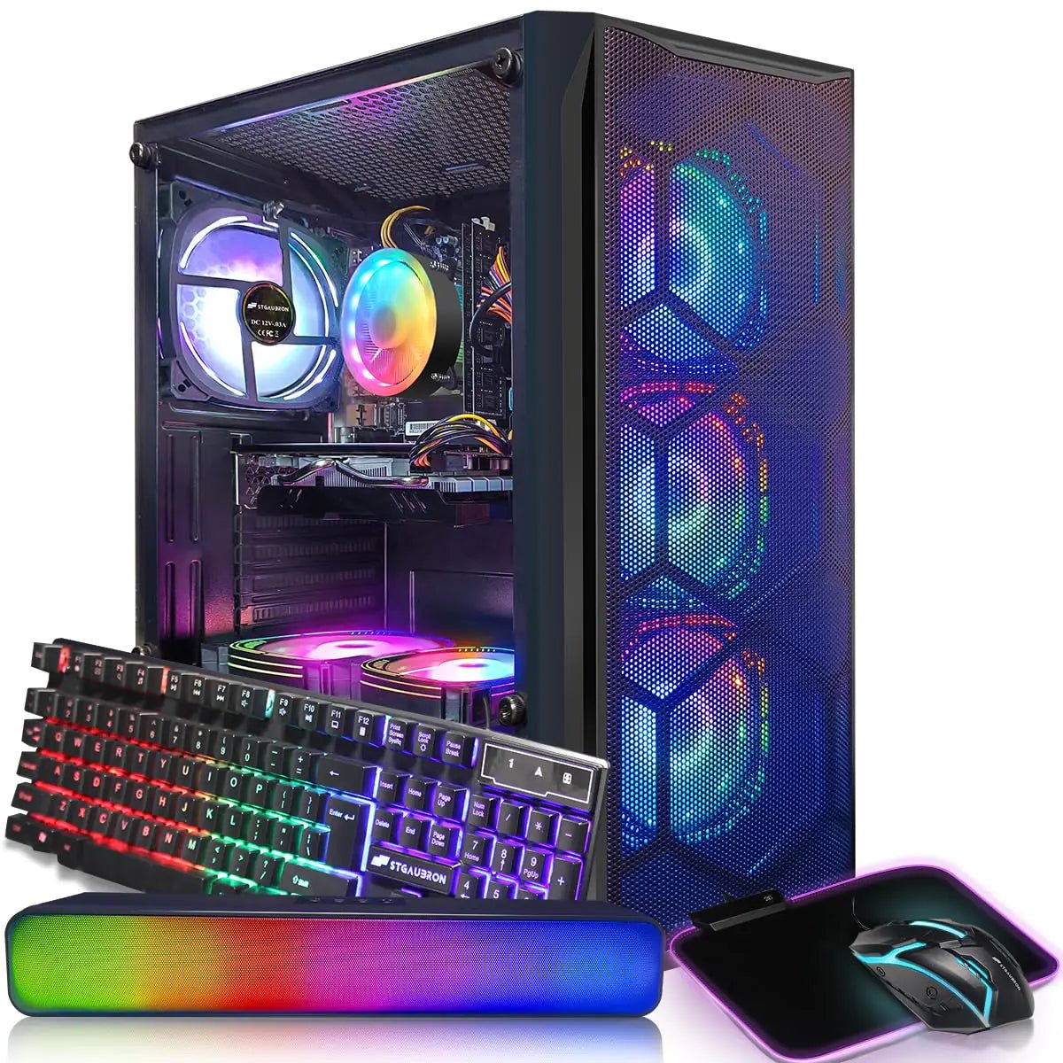 STGAubron Gaming PC Desktop Computer Intel Core I7 up to 3.9 GHz Radeon RX 580 8G 16G RAM 512G SSD WiFi Bluetooth 5.0 RGB Fan x6 RGB BT Sound Bar Windows 10 Home - BACKUPMYFILESNOW