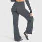 Black STOUREG sport trousers with straight-leg fit, ultra-soft butter fabric, mid-waist design, ideal for yoga, gym, and running.