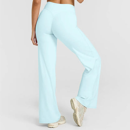 Black STOUREG sport trousers featuring straight-leg design, ultra-soft butter fabric, mid-waist fit, ideal for yoga, gym, and running.