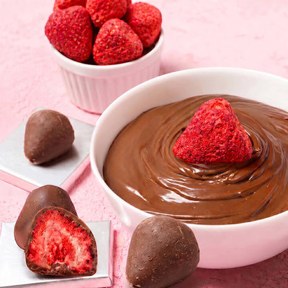 Freeze-dried whole strawberries with chocolate coating, sweetened, from VFD.US in a clear bulk package.