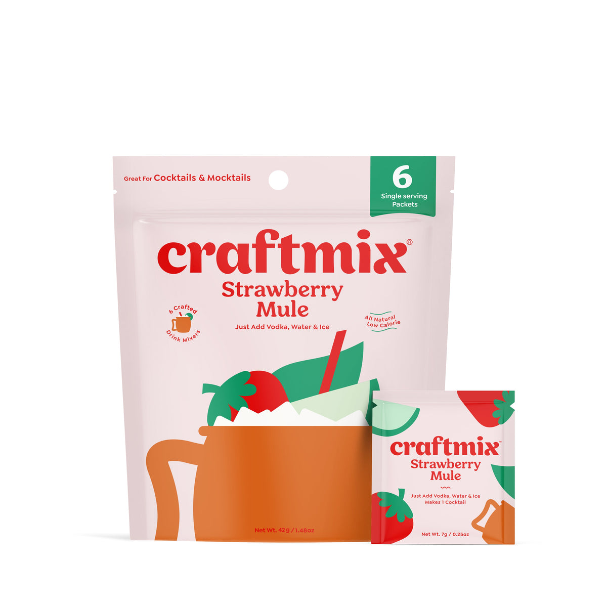 Six Craftmix Strawberry Mule cocktail mixers in a pack, featuring vibrant strawberry flavor and ready-to-mix design.