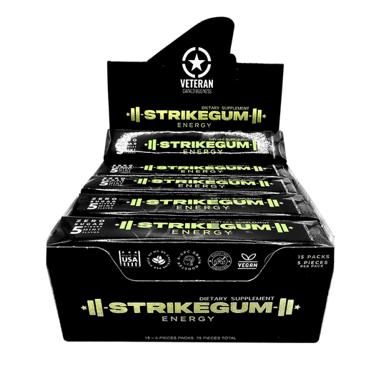 StrikeGum Strike Premium Energy Gum tray with multiple pieces, showcasing fresh, brightly packaged energy chewing gum.
