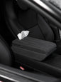 Tesery official suede armrest cover with raised pad and tissue box for Tesla Model Y Juniper and Model 3 Highland interior.