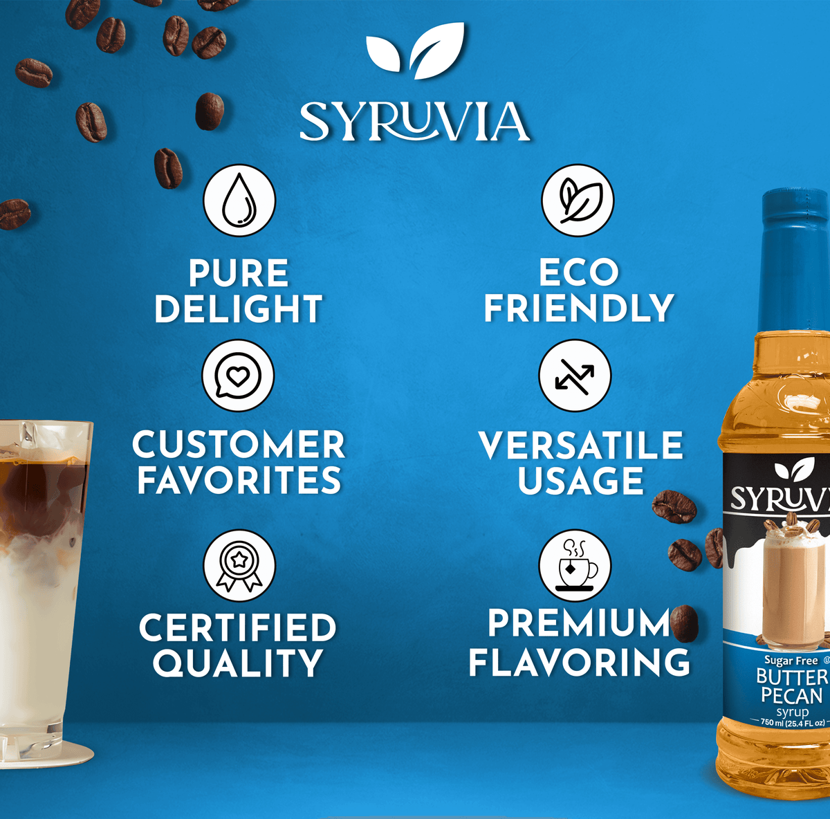 Sweet sugar-free butter pecan syrup from Syruvia with rich flavor, perfect for coffee or desserts.