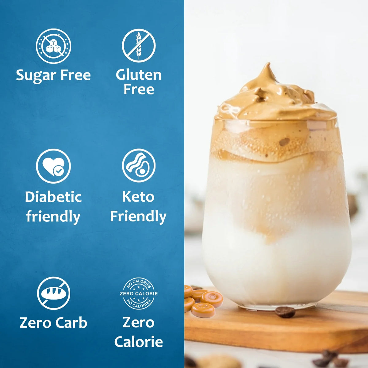 Sweet sugar-free butterscotch syrup in a clear glass bottle, ideal for coffee and desserts, by Syruvia