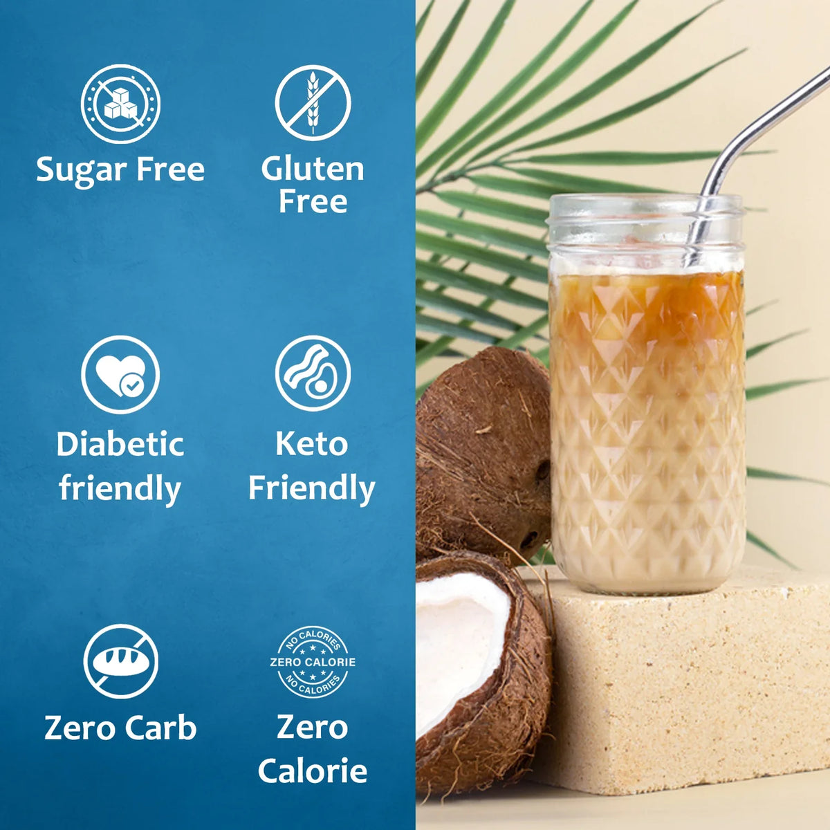 Bottle of Syruvia sugar-free coconut syrup, ideal for coffee, with a clear label and a transparent pour spout.