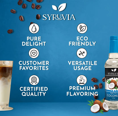 Bottle of Syruvia sugar-free coconut syrup for coffee flavoring, with a clear label and coconut imagery on the bottle.