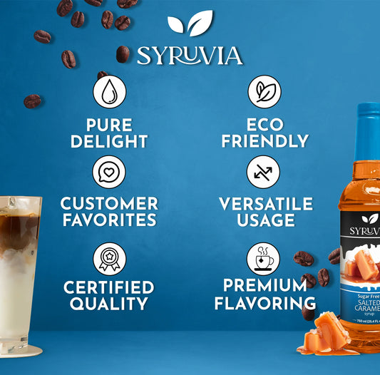 Sugar-Free Salted Caramel Syrup by Syruvia, shown in a bottle with caramel-colored syrup and a pour spout for coffee flavoring.