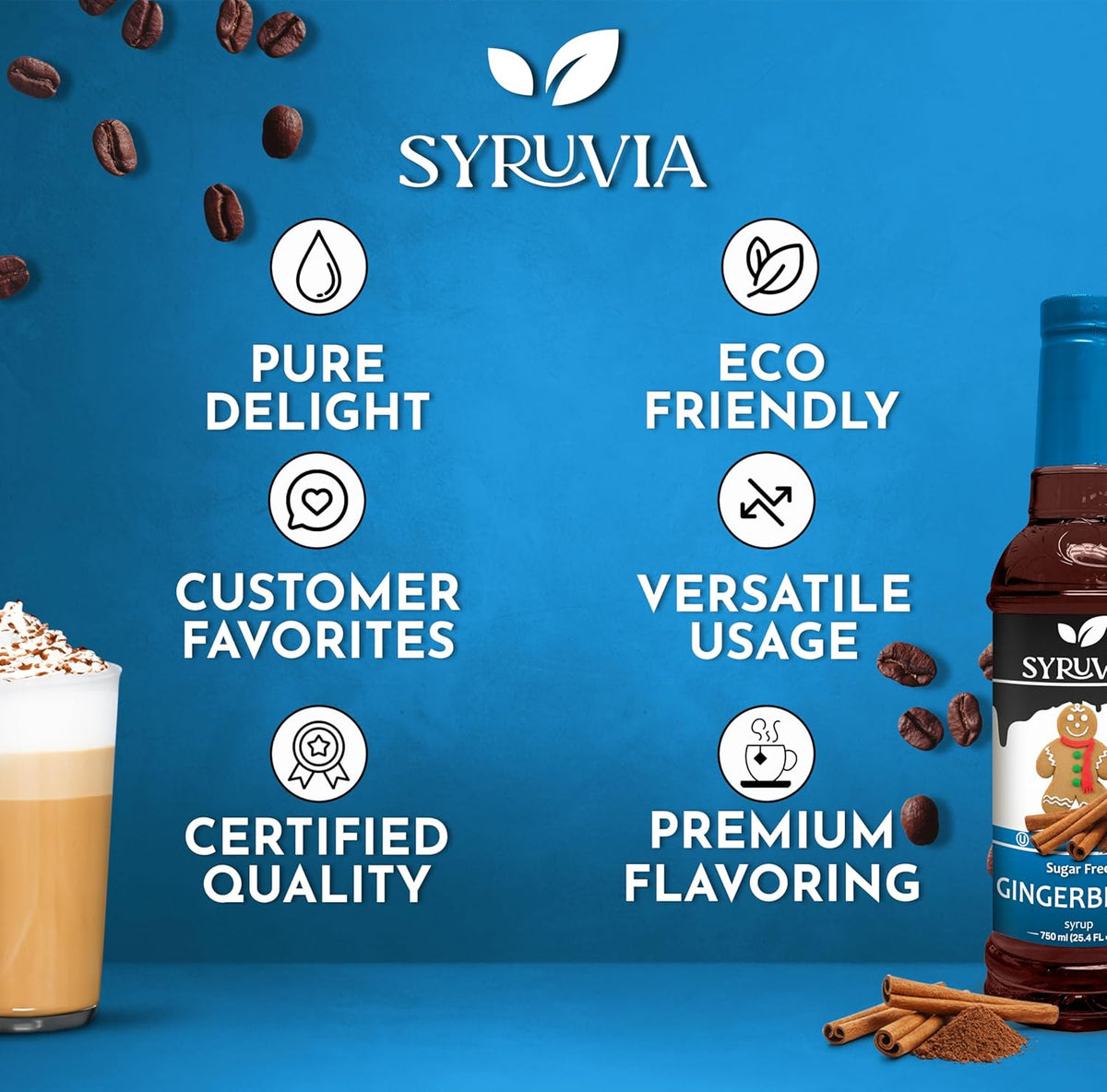 Sugar-free gingerbread syrup by Syruvia, shown in a glass bottle, ideal for adding festive flavor to drinks and recipes.