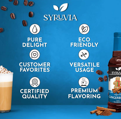 Sugar-free gingerbread syrup by Syruvia, shown in a glass bottle, ideal for adding festive flavor to drinks and recipes.