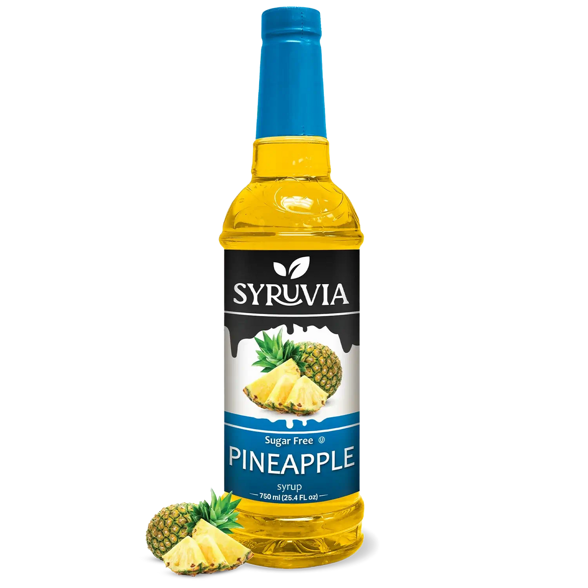Bottle of Syruvia sugar-free pineapple syrup with a clear label, showing the golden-yellow liquid inside.