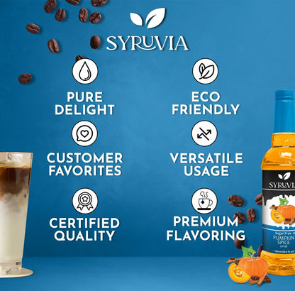 Bottle of Syruvia sugar-free pumpkin spice syrup with pumpkin and spice flavor ingredients visible in the image.