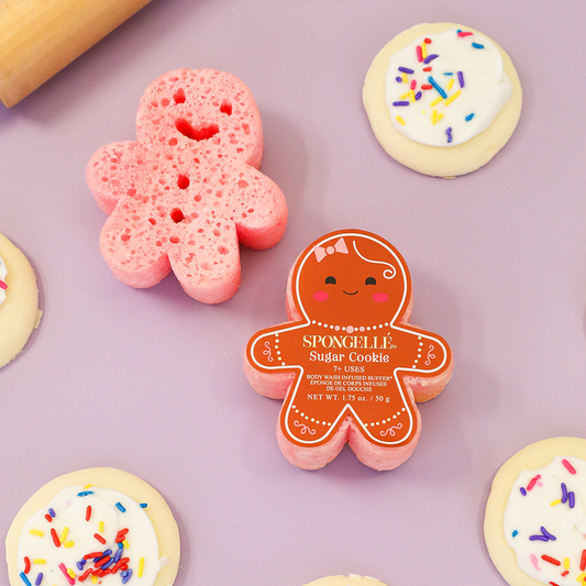 Spongellé Sugar Cookie Holiday Gingerbread body wash infused buffer with festive gingerbread and sweet cookie scent.