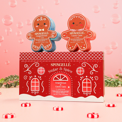 Spongellé Sugar & Spice Holiday Gingerbread Body Wash Infused Buffer with festive gingerbread scent and holiday-themed packaging.