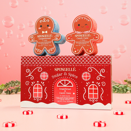 Spongellé Sugar & Spice Holiday Gingerbread Body Wash Infused Buffer with festive gingerbread scent and holiday-themed packaging.