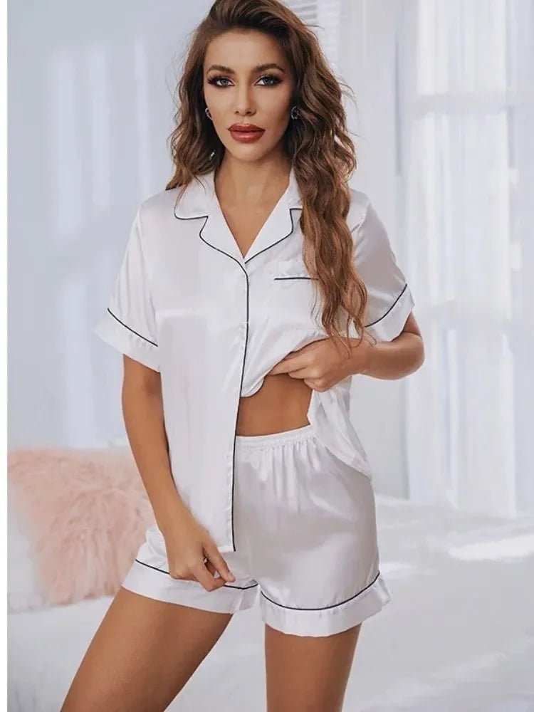 Summer Silk Satin Pajamas Set Women Sleepwear Button - Down Short Sleeve Tops and Shorts Two - piece Pijama Sets Loungewear - BACKUPMYFILESNOW