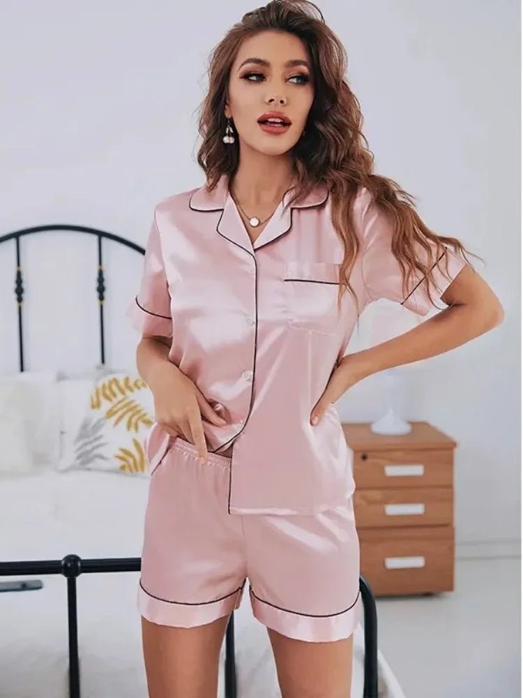 Summer Silk Satin Pajamas Set Women Sleepwear Button - Down Short Sleeve Tops and Shorts Two - piece Pijama Sets Loungewear - BACKUPMYFILESNOW