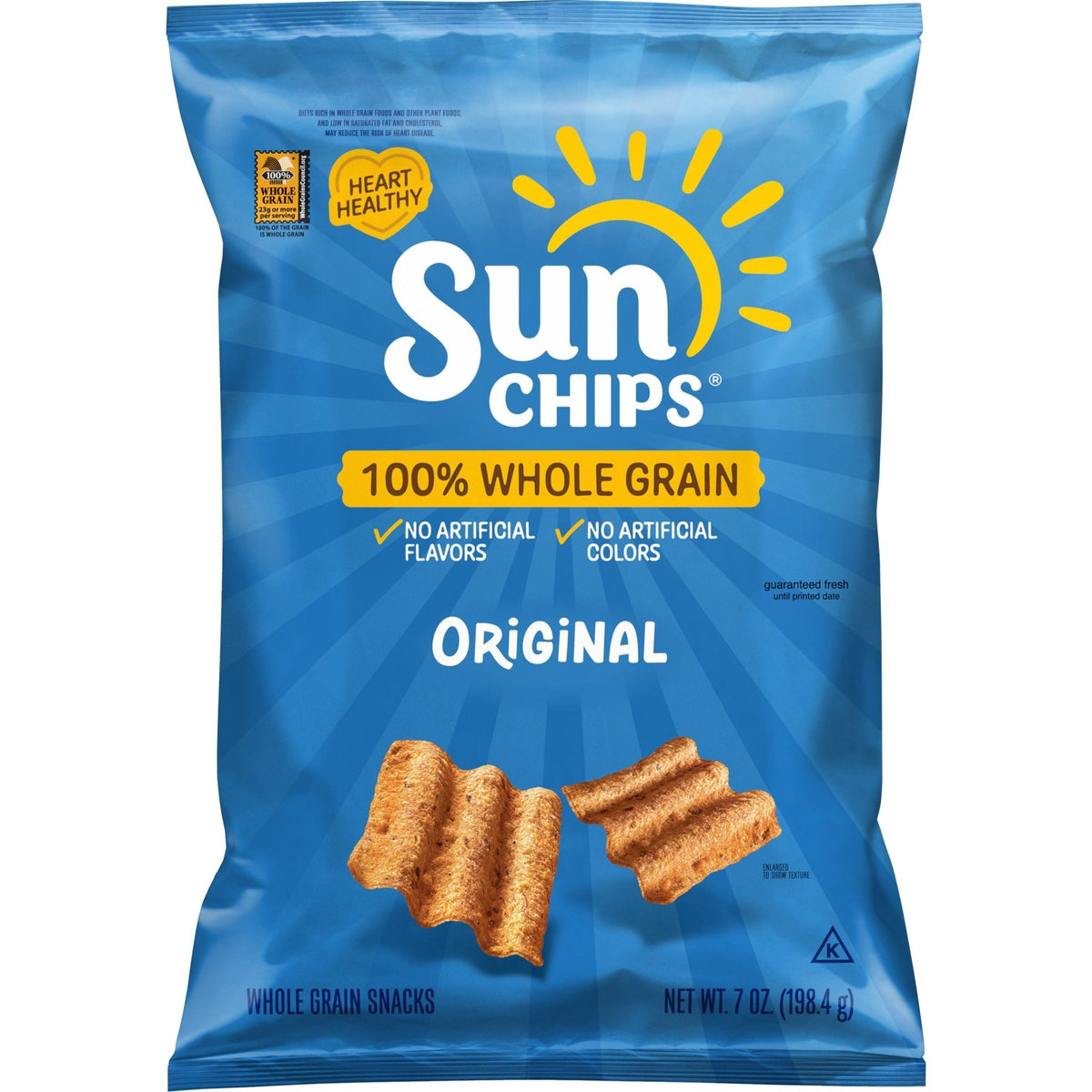SunChips 100% Whole Grain Original Snack Chips bag, 7 oz, showing the colorful bag with whole grain snack chips inside.