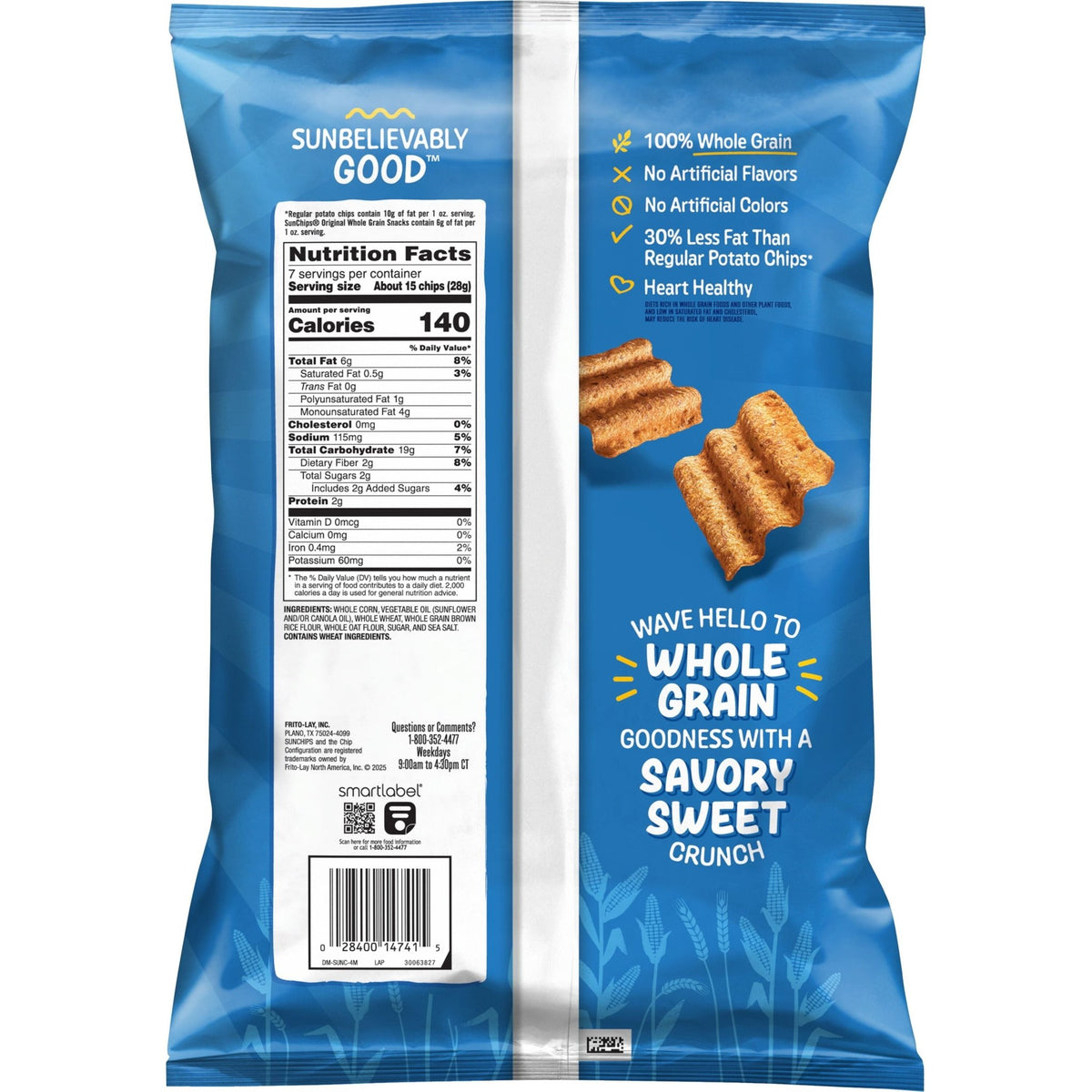 SunChips 100% Whole Grain Original Snack Chips bag, 7 oz, featuring golden, crispy whole grain chips in a resealable bag.