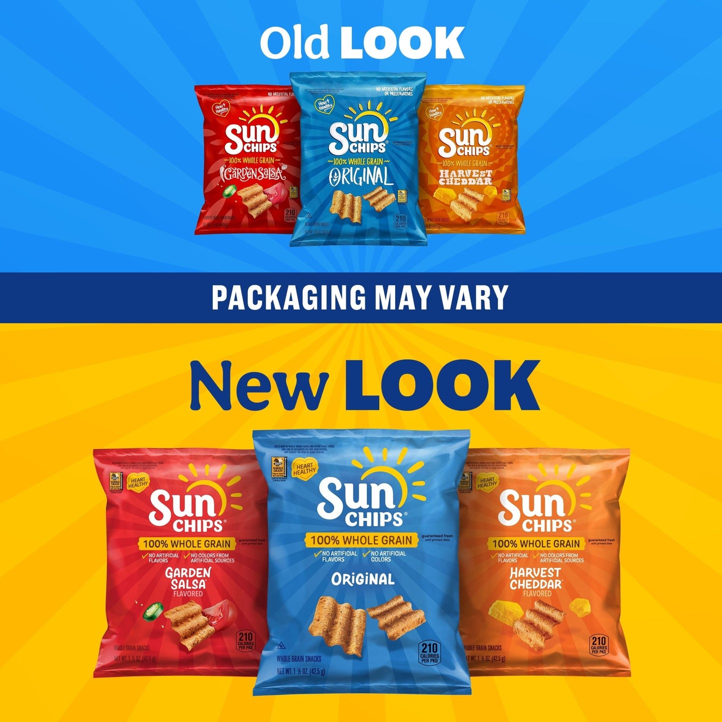 SunChips 100% Whole Grain Original Snack Chips bag, 7 oz, showing golden, crispy multigrain chips in a resealable package.