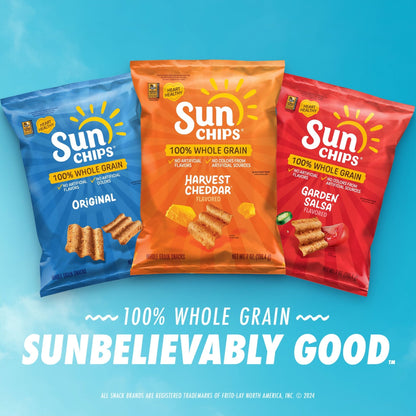 SunChips 100% Whole Grain Original Snack Chips bag, 7 oz, showing a colorful bag of crunchy, whole grain snack chips.
