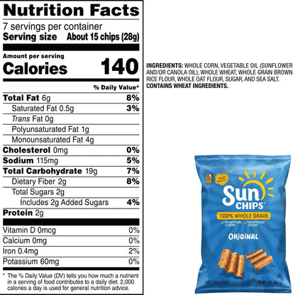 SunChips 100% Whole Grain Original Snack Chips bag, 7 oz, showing golden, crispy chips in a resealable bag.