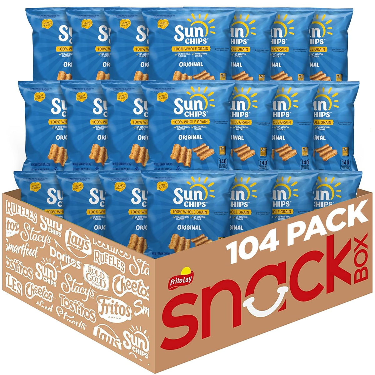 Sunchips Original Multigrain Snacks in 1.5-ounce packs, showing colorful multigrain chips in a clear bag.