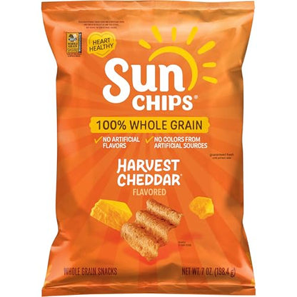 Sunchips Original Multigrain Snacks in 1.5-ounce packs, colorful multigrain chips on a snack tray, 64-pack of crunchy snack bags