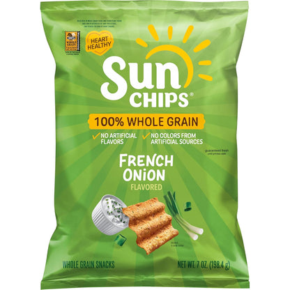 Stack of SunChips Original Multigrain Snacks in 1.5-ounce packs, showing colorful multigrain chips in a clear bag.