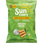 Stack of SunChips Original Multigrain Snacks in 1.5-ounce packs, showing colorful multigrain chips in a clear bag.